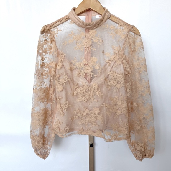 Peach Couture Women's Beige Sheer Floral Embroidered Blouse Size M Cropped - Picture 1 of 11